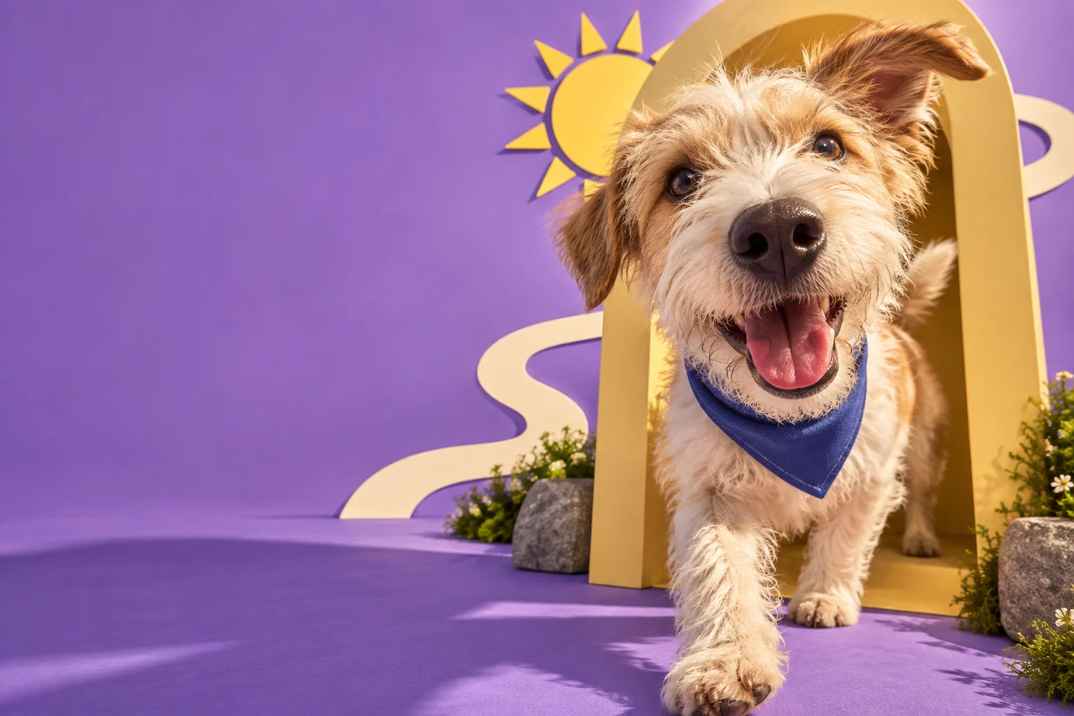 An imagined shaggy explorer dog in a blue bandana stepping through a sunny yellow doorway